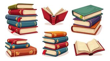 Colored flat illustration of a pile of educational textbooks and literature, including dictionaries and planners, isolated on a clean white background. vector