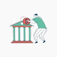 Man Pushing a Large Coin Against a Bank Building vector