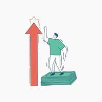 Man Reaching Upward on a Stack of Money with a Red Arrow vector