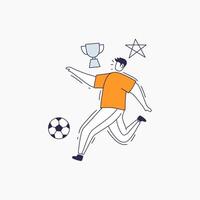 Cartoon illustration of a soccer player running with a soccer ball and trophy above his head vector