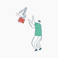 A Man Reaches for a Red Envelope Carried by a Dove vector