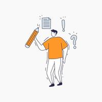 A Person Holding a Large Pencil Surrounded by Question Marks and Exclamation Points vector