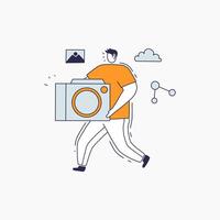 Person Walking and Carrying a Camera with a Cloud, Photo Frame, and Connection Icon in the Background vector