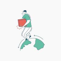 Man Carrying Box Walks on Earth Globe with Arrows Indicating Global Delivery vector