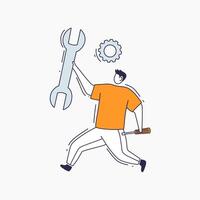 A Man Running with a Wrench, Screwdriver, and Gear vector