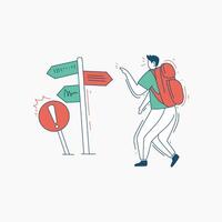 Confused Traveler Standing at a Fork in the Road with an Exclamation Point Sign vector