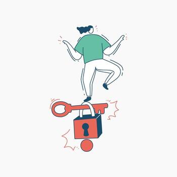 Person Standing on a Key Over a Padlock with Exploding Effects vector