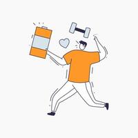 A man running with a battery, dumbbell and heart in his hand vector