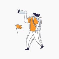 Person with Backpack Looking Through a Telescope Towards a Flag vector