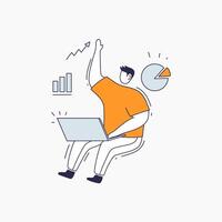 A Person Sitting with Laptop, Celebrating Growth Represented by Graphs and a Pie Chart vector