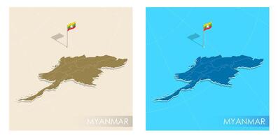 Myanmar country flag installed on geographic positioning map point of country territory. Myanmar commonwealth banner on land and sea. Festive patriotic HD format template for independence day vector