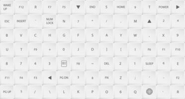 Rectangular white computer keyboard buttons with chaotically mixed symbols and letters. Gray horizontal copy space for design of web pages and interface. background vector