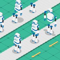 Conveyor belt at an industrial robot manufacturing plant. Mass introduction of modern means of production. Isometric concept vector