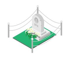 Isometric tombstone monument of a famous person with bouquets of flowers laid by fans and admirers. 3D isolated on white background vector