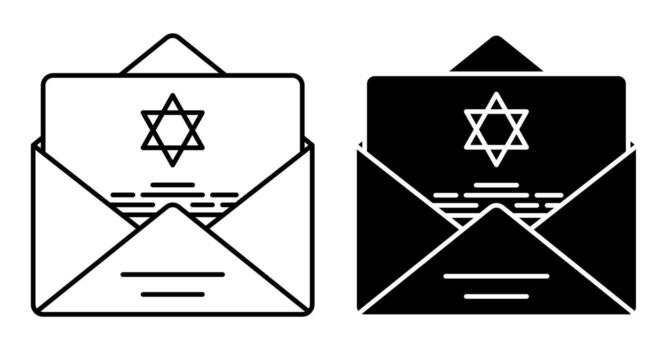 Thin line stroked color icon. Festive envelope with a Hanukkah greeting card inside. Greeting cards and letters. Simple isolated on white background vector