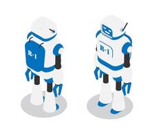 Robot assistant in production conveyor line, smart industrial assistant back and front view. Technologies of future. Isolated isometric 3D isolated on white background vector