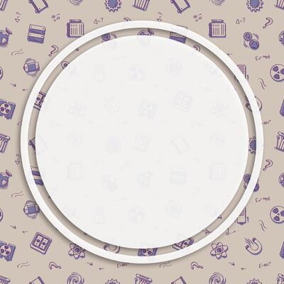 Circle frame, background on seamless pattern with doodle linear icons. Magnet, radiation, energy, kinetic, solar, battery. Media network posting back