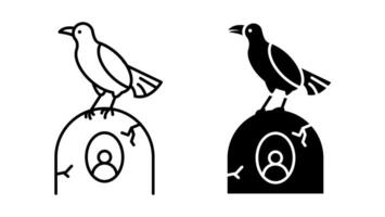 Linear icon. Halloween raven sits on tombstone with photo and date of life of deceased in cemetery. Simple black and white isolated on white background vector