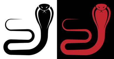 Cobra in fighting stance with hood open silhouette emblem of aggressive snake. Aggressive Cobra ready to pounce. Simple minimalistic isolated on white and black background vector