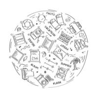 Set of doodle linear icons. Equipment for photography and film processing. Printing of finished photos. Camera, film, memory card, lens. Linear set vector