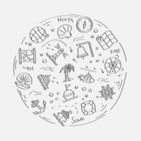 Set of doodle linear icons. Submarine, lifebuoy, buoy on waves, compass, map, shell, boat wheel, lighthouse, ship, anchor. Linear set vector