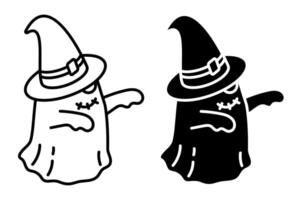 Linear icon. Halloween ghost with a witch hat on his head stretches hands and scares with otherworldly sounds and eerie screams. Simple black and white isolated on white background vector