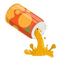 Orange carbonated juice is pouring from an open aluminum can with orange soft drink. Cool fruit drinks in hot summer weather. Cartoon isolated on white background vector