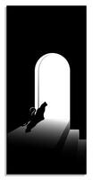 Domestic black cat sits at open door waiting for owner. Silhouette of cat on minimalistic background. Black and white vertical illustration vector