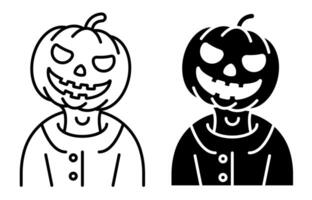 Linear icon. Spooky Halloween grinning man in rags with a pumpkin head. Simple black and white isolated on white background vector