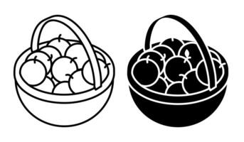 Linear icon, Isometric basket with handle filled with freshly picked fruits apples. Autumn fruit harvest. Simple black and white isolated on white background vector
