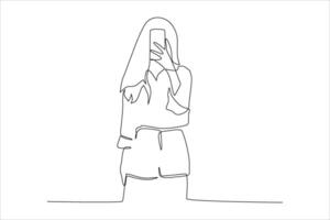 A minimalist line drawing of a person taking a selfie with a smartphone. vector