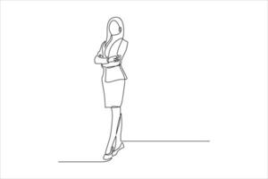 A minimalist line drawing of a businesswoman standing confidently with arms crossed. vector