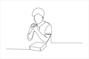 A line art illustration of a person with clasped hands, sitting at a table with a book. vector