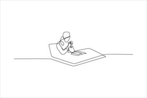 A minimalist line drawing of a person sitting at a table, engaged in a creative activity. vector