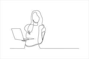 A minimalist line drawing of a woman sitting with a laptop, conveying a sense of focus and productivity. vector
