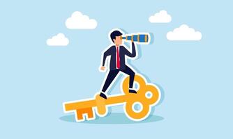 A businessman looking through a telescope from atop a key, illustrating finding solutions to business challenges vector