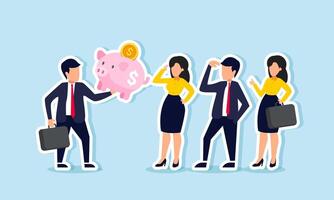 A businessman presenting a piggy bank to several business partners, illustration of showing and presenting financial investment strategy to partners vector