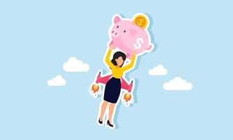 A businesswoman carrying a piggy bank using a rocket to fly into the sky, illustrating the boost in enhancing investment assets to achieve good profits vector