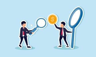 Two businessmen each hold magnifying glasses the one with a larger magnifying glass successfully finds a coin, illustrating successful analysis for higher profits over competitors vector