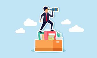 A businessman looking through a telescope from atop a pile of work tools, illustrating the search for new business jobs or projects vector