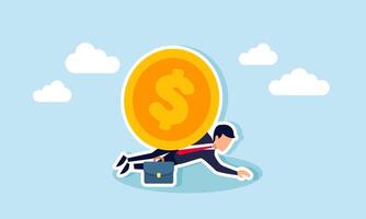 A businessman trapped under a dollar coin, unable to break free, illustration of investment asset loss and stagnation vector