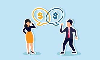 A businessman and businesswoman discussing while showing a chat dialog containing dollar signs, illustrating a sharing of business investment strategies to achieve good profits vector