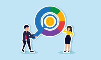 A businessman with a magnifying glass studying a circle diagram marked with bitcoin next to a businesswoman, illustrating analysis of bitcoin investment asset performance vector