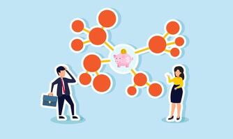 A businessman and businesswoman feel confused by a network centered around a piggy bank, illustration of the complexity of making business investments vector