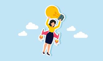 A businesswoman carrying a lamp using a rocket to fly into the sky, illustrating the boost of ideas and innovations to keep the business model relevant to market trends vector