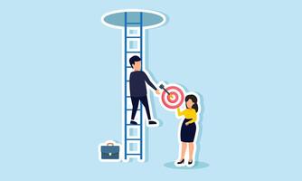 A businessman climbing stairs and asking a businesswoman for a target board, illustration of teamwork in improving performance to meet business goals vector