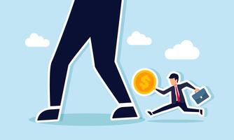 A businessman carrying a dollar coin running to catch up with a giant foot, illustrating chasing investment asset growth of a giant company vector