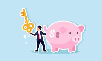 A businessman holding a key stands next to a piggy bank with a keyhole, illustration of finding solutions to investment problems vector