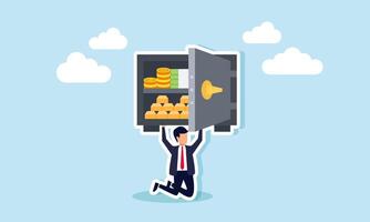 A businessman kneeling while lifting a safe filled with gold and stacks of money, illustration of the burden carried from having numerous investment assets vector