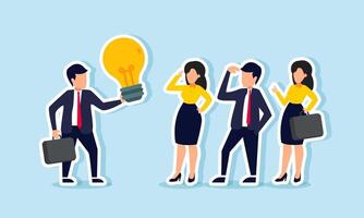 A businessman presenting a lightbulb to several business partners, illustration of showing and presenting new innovation and ideas offered to partners vector